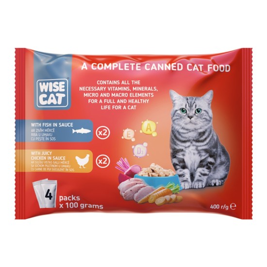 Wise Cat Adult Ψάρια & Ζουμερό Κοτόπουλο σε Σάλτσα 4x100gr