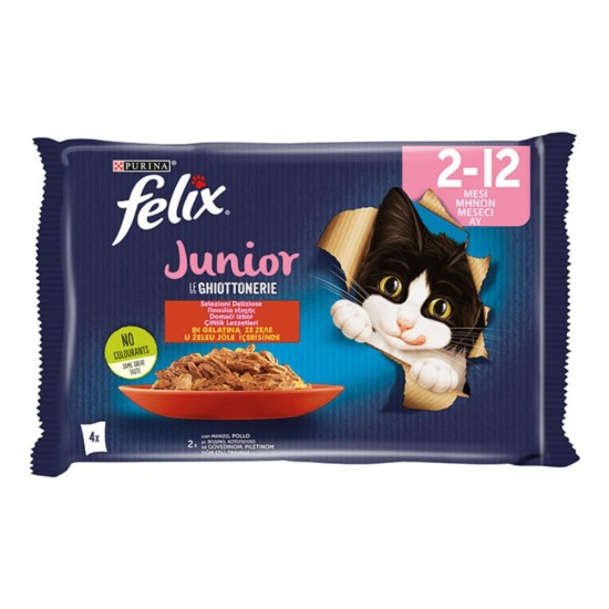 Purina Felix Junior Le Chiottonerie με Βοδινό / Κοτόπουλο σε Ζελέ 85gr 4τμχ