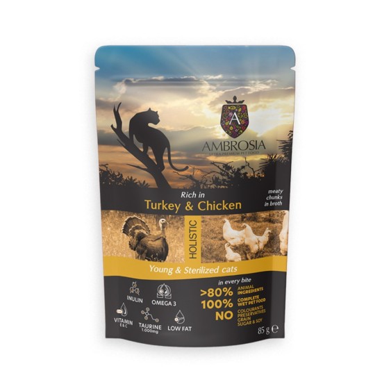 Ambrosia Pouch Cat Young Sterilised Turkey Chicken 85gr