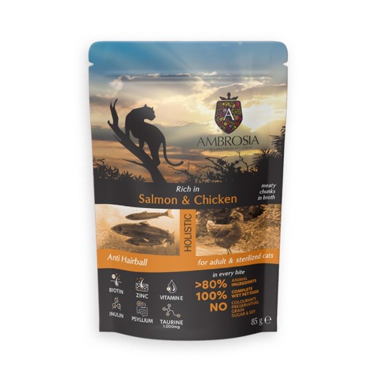 Ambrosia Pouch Cat Adult Sterilised Salmon Chicken Anti Hairball 85gr