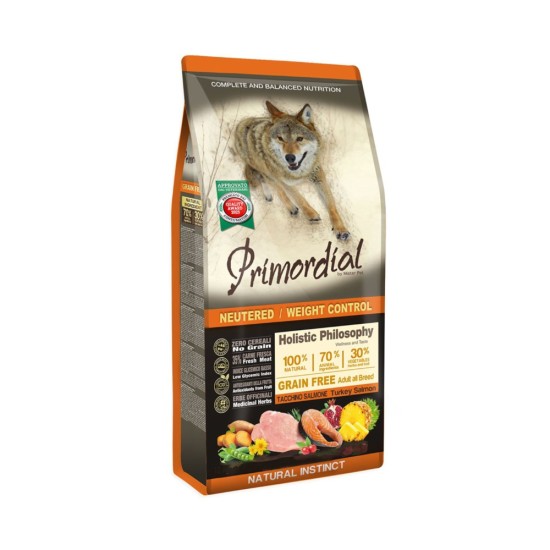 Primordial Dog Grain Free Neutered Weight Control Turkey Salmon 2kg