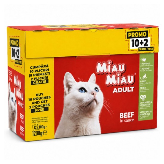 Miau Miau Multipack Adult Μοσχάρι σε Σάλτσα (10+2 Δώρο) X 100gr