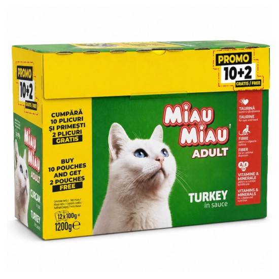 Miau Miau Multipack Adult Γαλοπούλα σε Σάλτσα (10+2 Δώρο) X 100gr