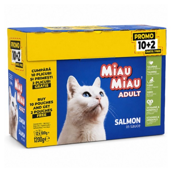 Miau Miau Multipack Adult Σολομός σε Σάλτσα (10+2 Δώρο) X 100gr